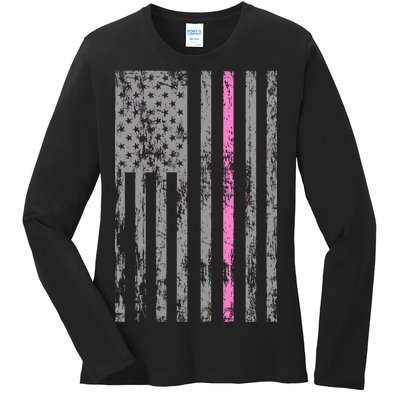 Retro Pink Thin Line Breast Cancer Awareness USA Flag Ladies Long Sleeve Shirt