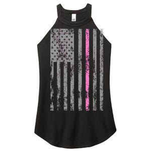 Retro Pink Thin Line Breast Cancer Awareness USA Flag Women's Perfect Tri Rocker Tank