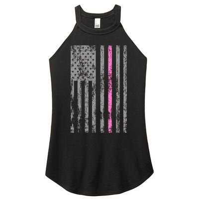 Retro Pink Thin Line Breast Cancer Awareness USA Flag Women's Perfect Tri Rocker Tank