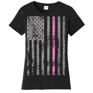 Retro Pink Thin Line Breast Cancer Awareness USA Flag Women's T-Shirt