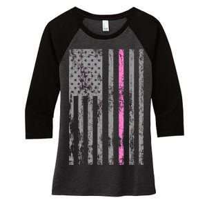 Retro Pink Thin Line Breast Cancer Awareness USA Flag Women's Tri-Blend 3/4-Sleeve Raglan Shirt