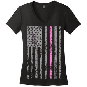 Retro Pink Thin Line Breast Cancer Awareness USA Flag Women's V-Neck T-Shirt