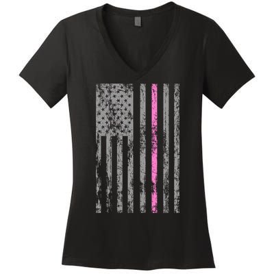 Retro Pink Thin Line Breast Cancer Awareness USA Flag Women's V-Neck T-Shirt