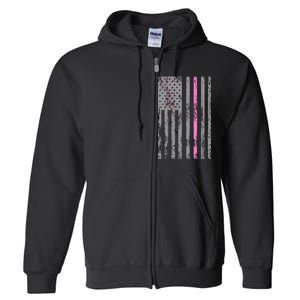 Retro Pink Thin Line Breast Cancer Awareness USA Flag Full Zip Hoodie