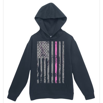 Retro Pink Thin Line Breast Cancer Awareness USA Flag Urban Pullover Hoodie