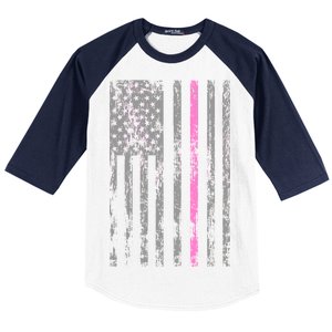 Retro Pink Thin Line Breast Cancer Awareness USA Flag Baseball Sleeve Shirt