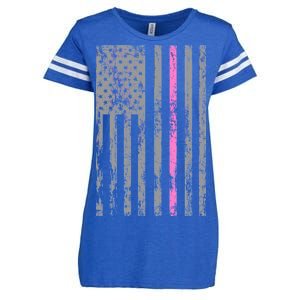 Retro Pink Thin Line Breast Cancer Awareness USA Flag Enza Ladies Jersey Football T-Shirt