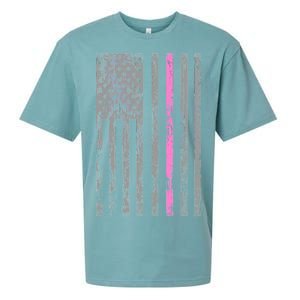 Retro Pink Thin Line Breast Cancer Awareness USA Flag Sueded Cloud Jersey T-Shirt