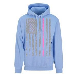 Retro Pink Thin Line Breast Cancer Awareness USA Flag Unisex Surf Hoodie