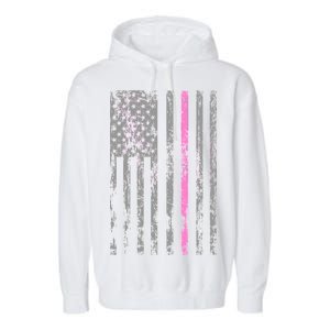 Retro Pink Thin Line Breast Cancer Awareness USA Flag Garment-Dyed Fleece Hoodie