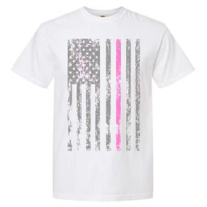 Retro Pink Thin Line Breast Cancer Awareness USA Flag Garment-Dyed Heavyweight T-Shirt