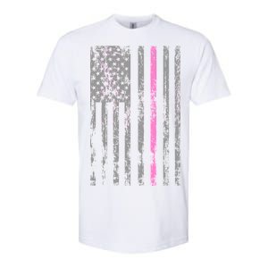 Retro Pink Thin Line Breast Cancer Awareness USA Flag Softstyle CVC T-Shirt