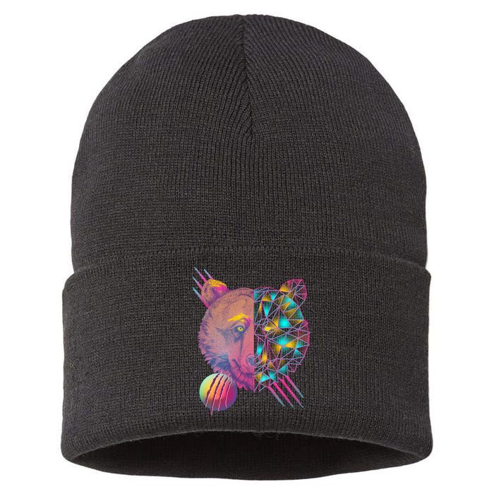 Retro Polygon Bear Vintage 80's Sustainable Knit Beanie