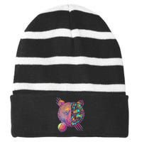 Retro Polygon Bear Vintage 80's Striped Beanie with Solid Band