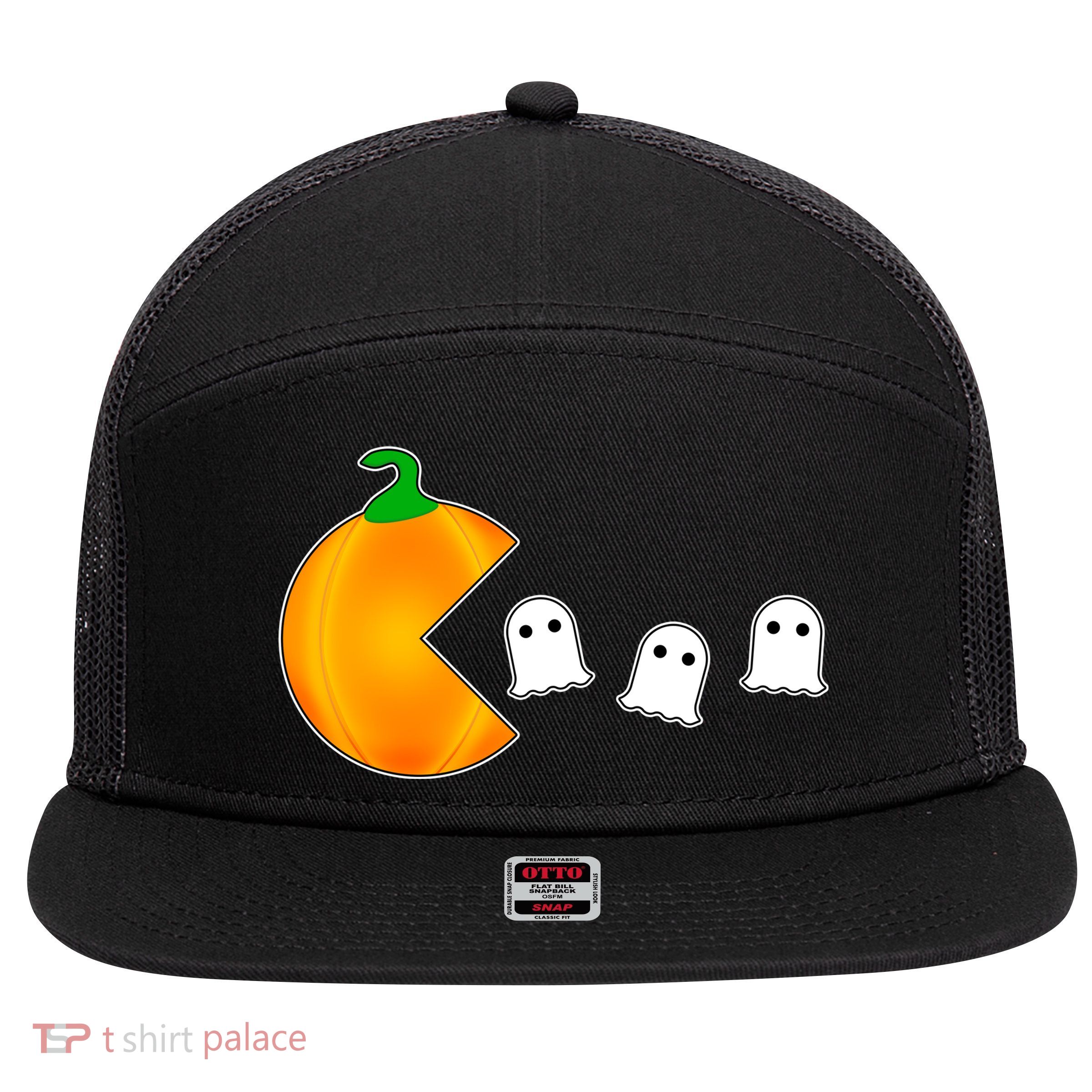 Retro Pumpkin Video Game Funny Halloween 7 Panel Mesh Trucker Snapback Hat