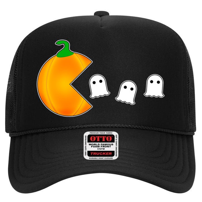 Retro Pumpkin Video Game Funny Halloween High Crown Mesh Back Trucker Hat