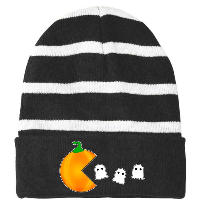 Retro Pumpkin Video Game Funny Halloween Striped Beanie with Solid Band