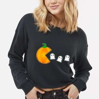 Retro Pumpkin Video Game Funny Halloween Cropped Pullover Crew
