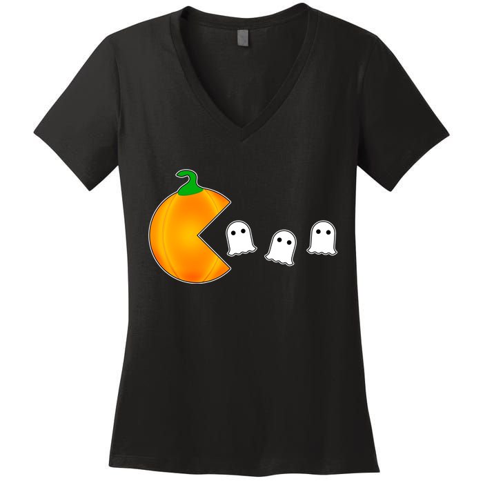 Retro Pumpkin Video Game Funny Halloween Women's V-Neck T-Shirt