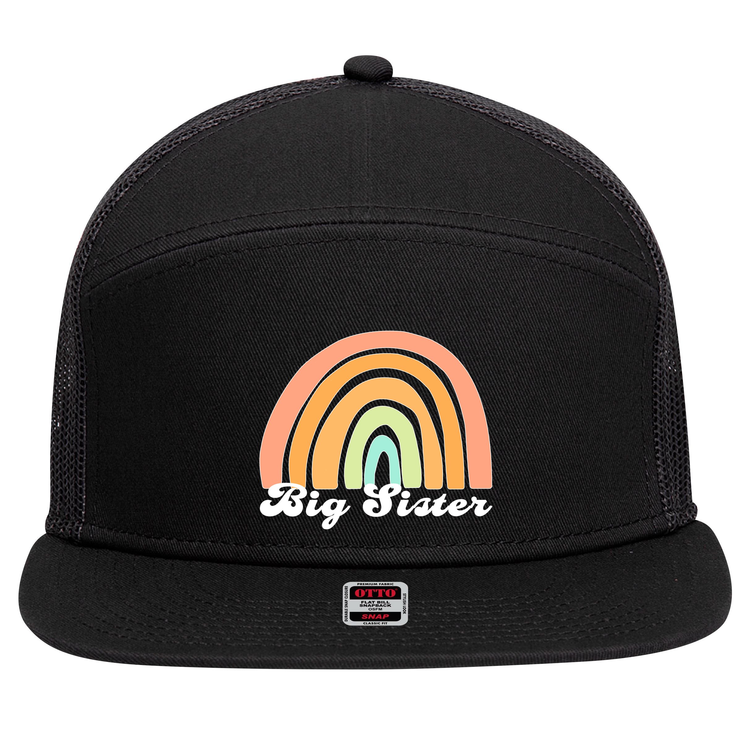 Retro Rainbow Big Sister Sibling Reveal Announcement 7 Panel Mesh Trucker Snapback Hat