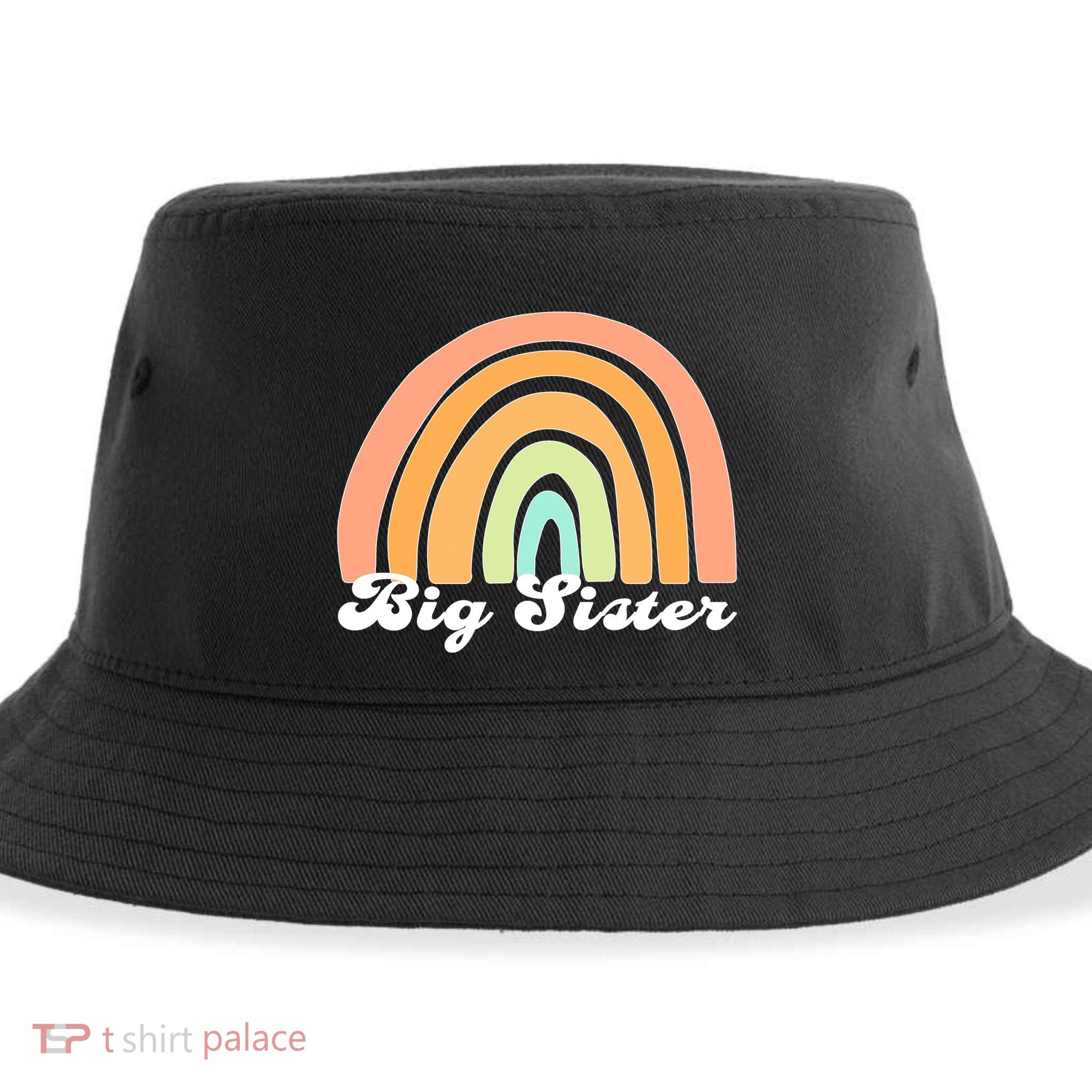 Retro Rainbow Big Sister Sibling Reveal Announcement Sustainable Bucket Hat