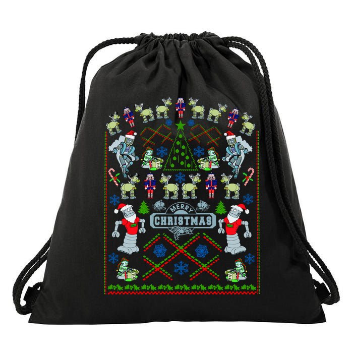 Retro Robot Ugly Christmas Sweater Drawstring Bag