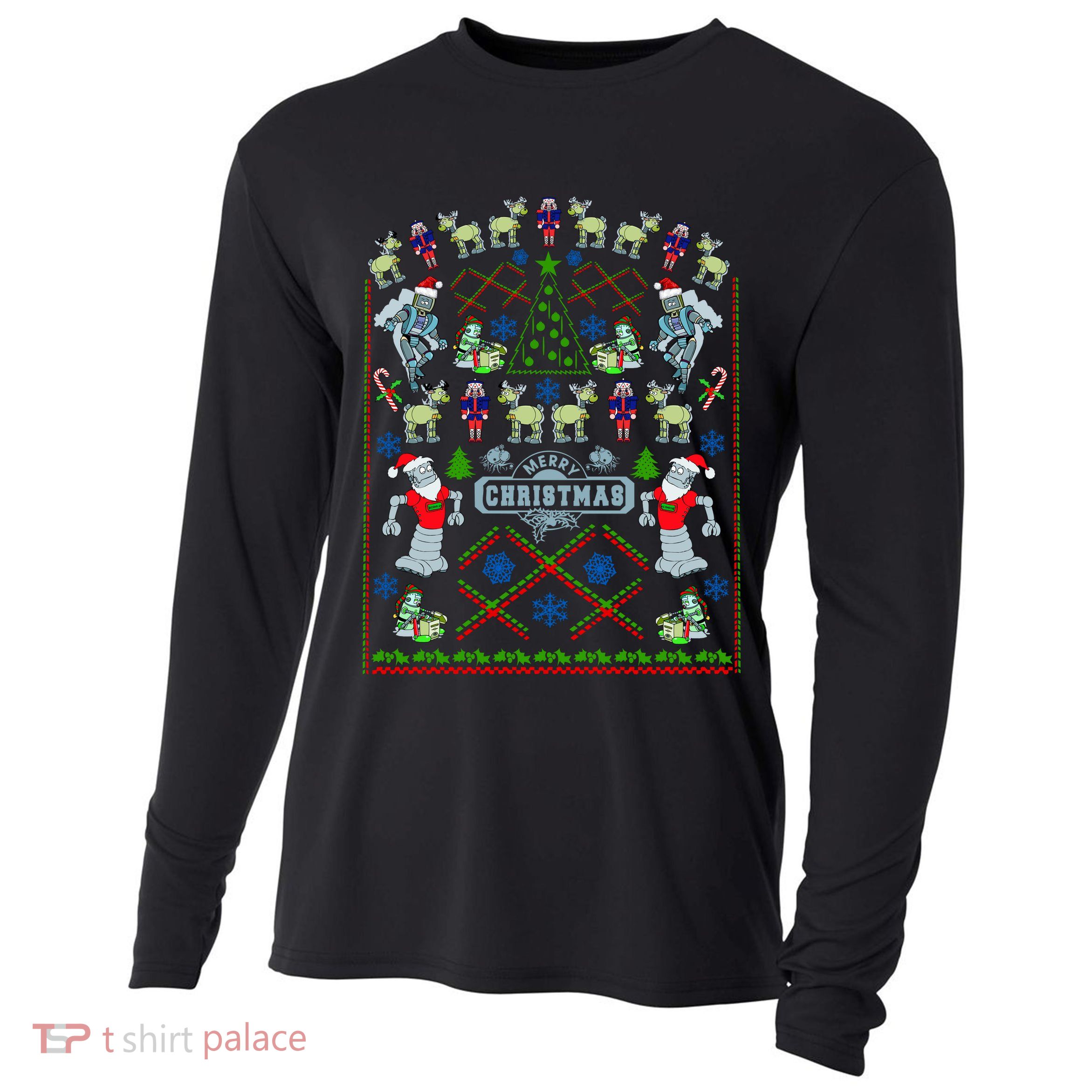 Retro Robot Ugly Christmas Sweater Cooling Performance Long Sleeve Crew