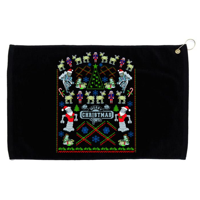 Retro Robot Ugly Christmas Sweater Grommeted Golf Towel