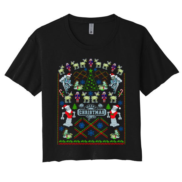 Retro Robot Ugly Christmas Sweater Crop Top
