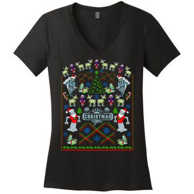 Retro Robot Ugly Christmas Sweater Women's V-Neck T-Shirt