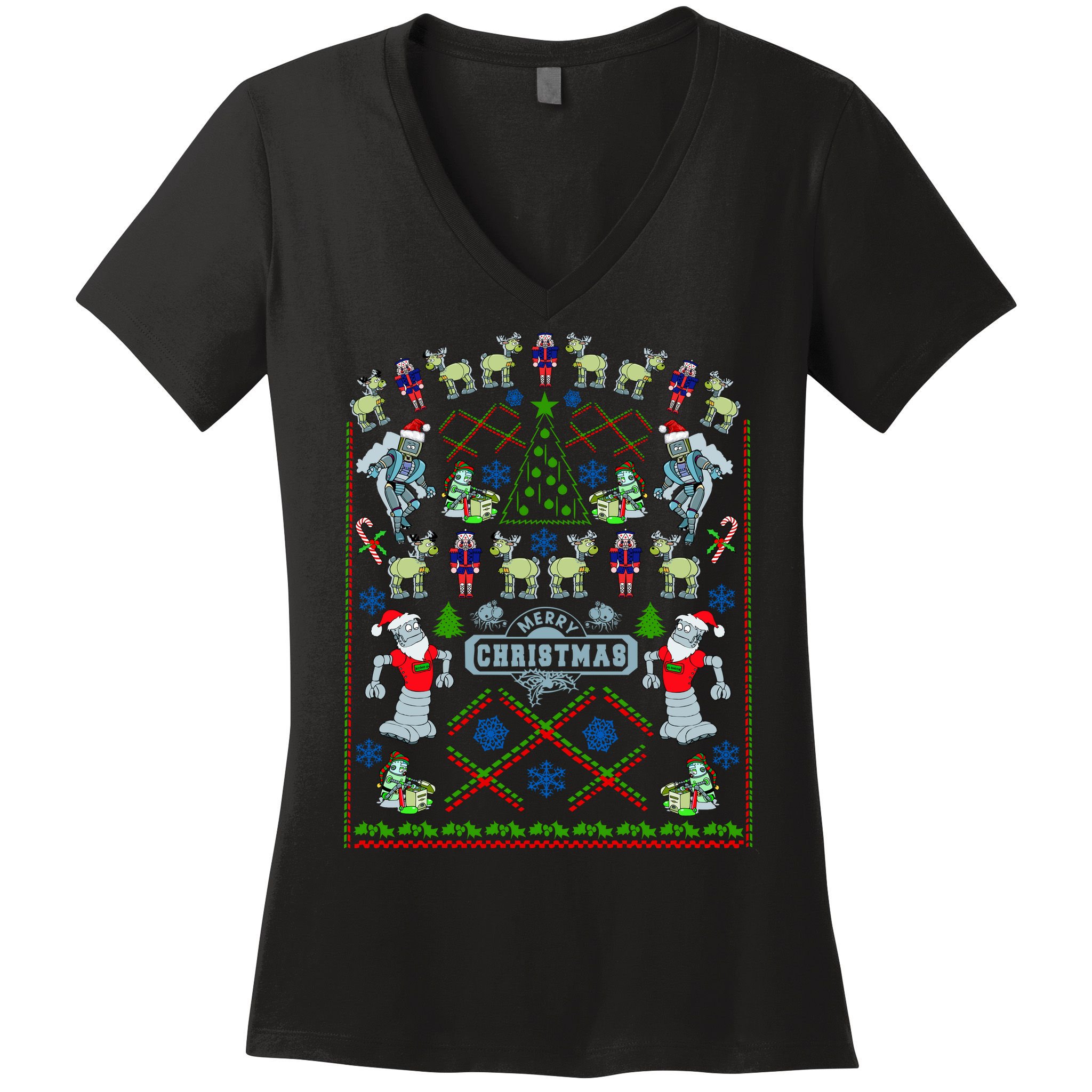 Retro Robot Ugly Christmas Sweater Women's V-Neck T-Shirt