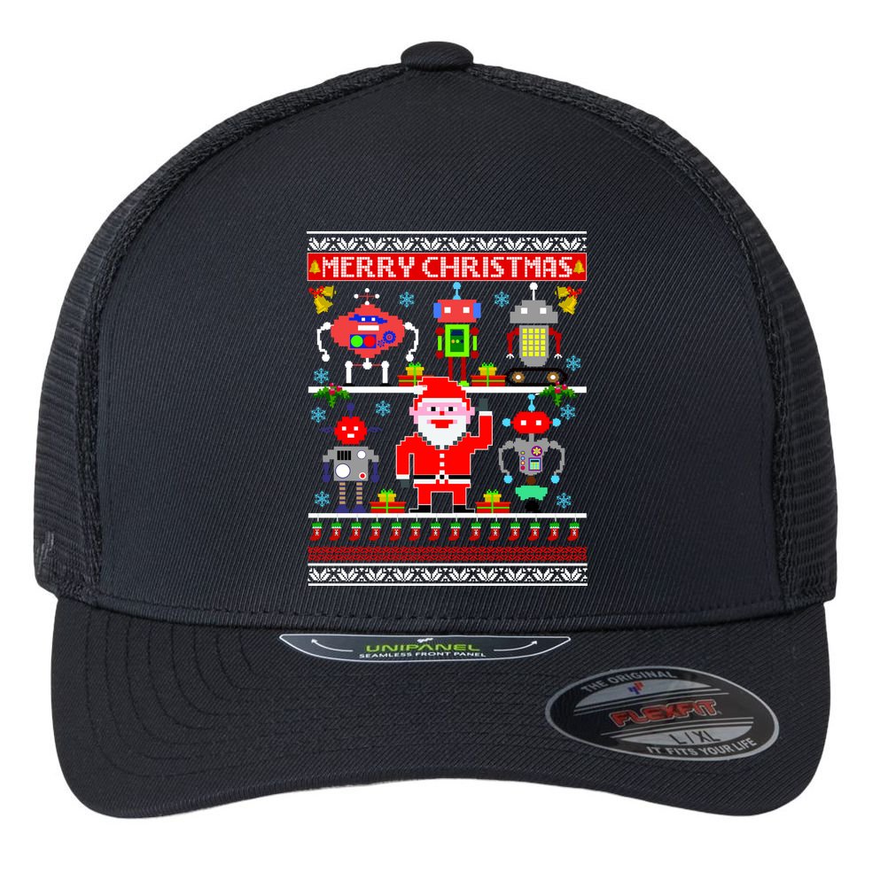 Retro Robotic Santa Ugly Christmas Sweater Flexfit Unipanel Trucker Cap