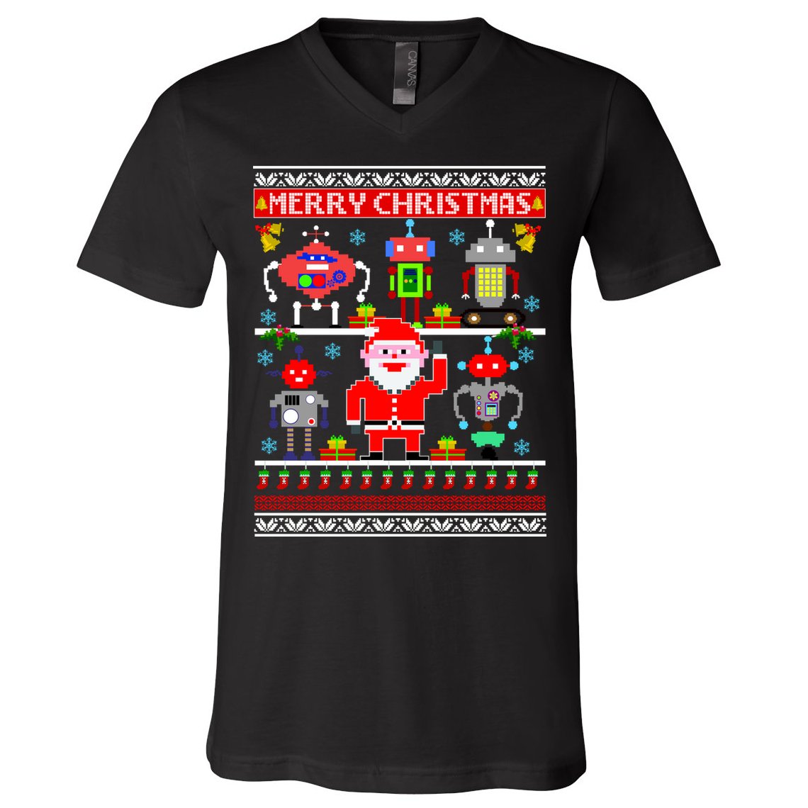 Retro Robotic Santa Ugly Christmas Sweater V-Neck T-Shirt