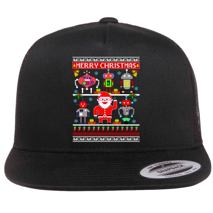 Retro Robotic Santa Ugly Christmas Sweater Flat Bill Trucker Hat