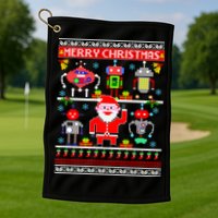 Retro Robotic Santa Ugly Christmas Sweater Golf Towel