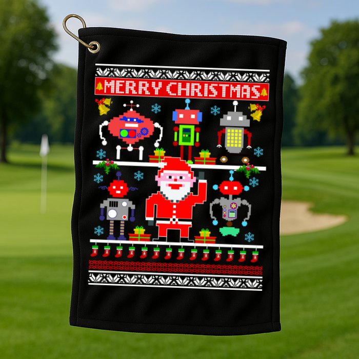 Retro Robotic Santa Ugly Christmas Sweater Golf Towel