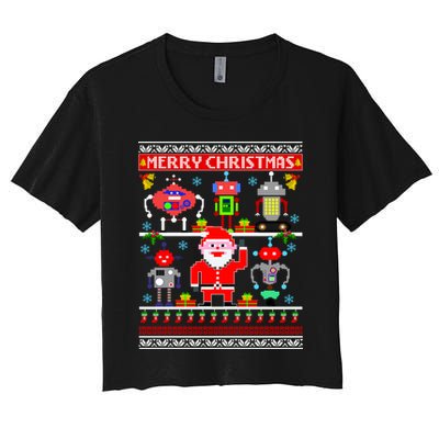 Retro Robotic Santa Ugly Christmas Sweater Crop Top