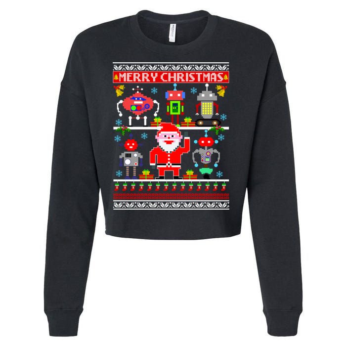 Retro Robotic Santa Ugly Christmas Sweater Cropped Pullover Crew