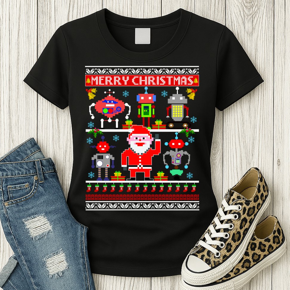 Retro Robotic Santa Ugly Christmas Sweater Womens T-Shirt