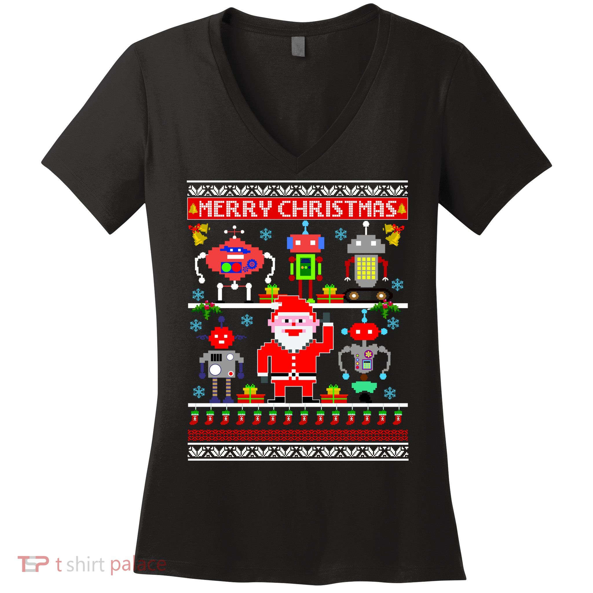 Retro Robotic Santa Ugly Christmas Sweater Women's V-Neck T-Shirt
