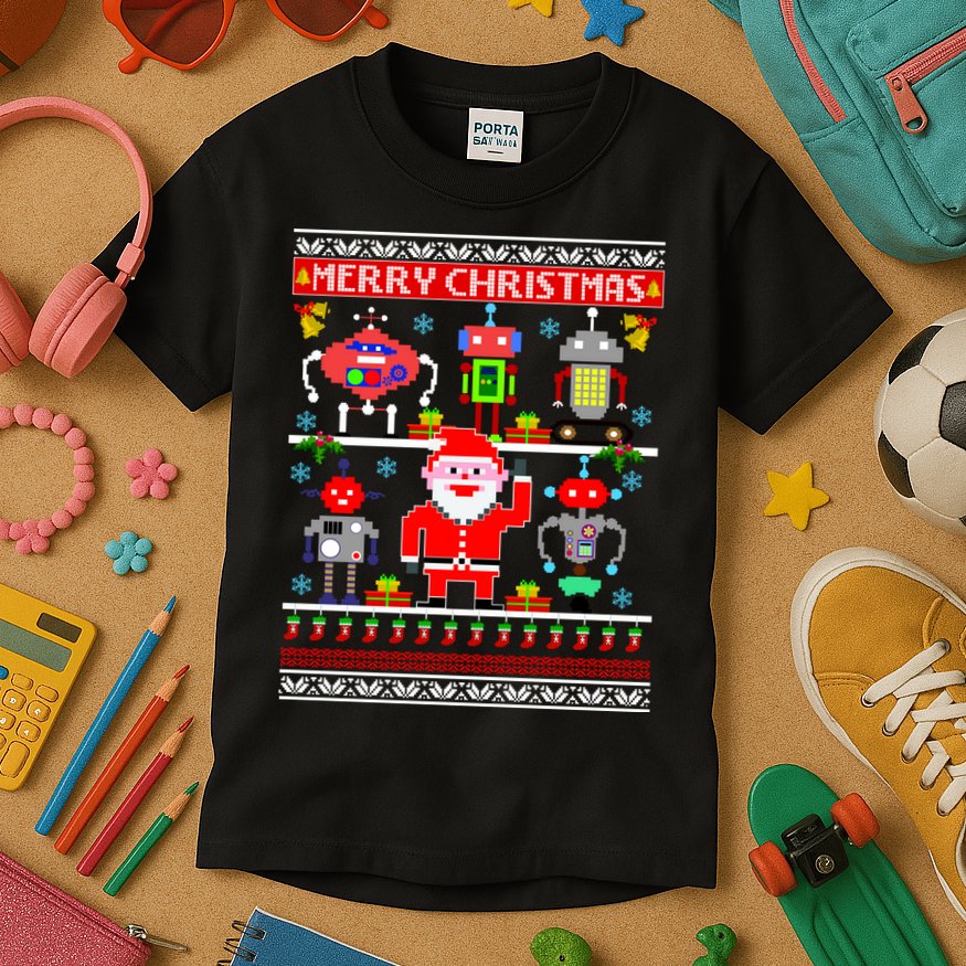 Retro Robotic Santa Ugly Christmas Sweater Kids T-Shirt