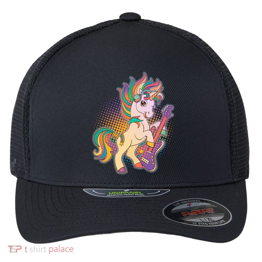 Retro Rocker Rainbow Unicorn Flexfit Unipanel Trucker Cap