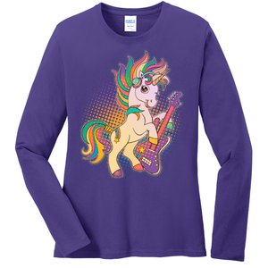 Retro Rocker Rainbow Unicorn Ladies Long Sleeve Shirt