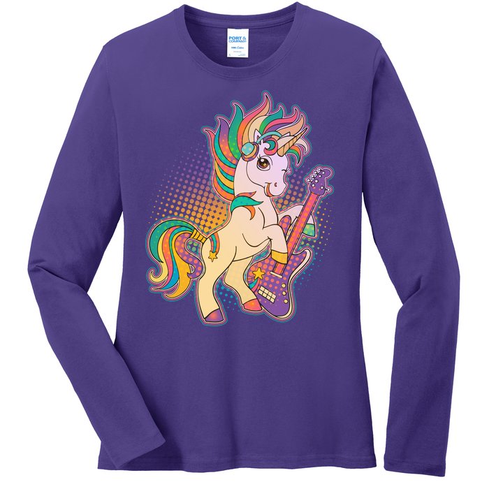 Retro Rocker Rainbow Unicorn Ladies Long Sleeve Shirt