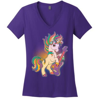 Retro Rocker Rainbow Unicorn Women's V-Neck T-Shirt