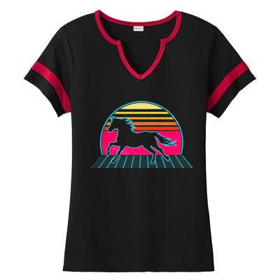 Retro Running Horse Silhouette Ladies Halftime Notch Neck Tee