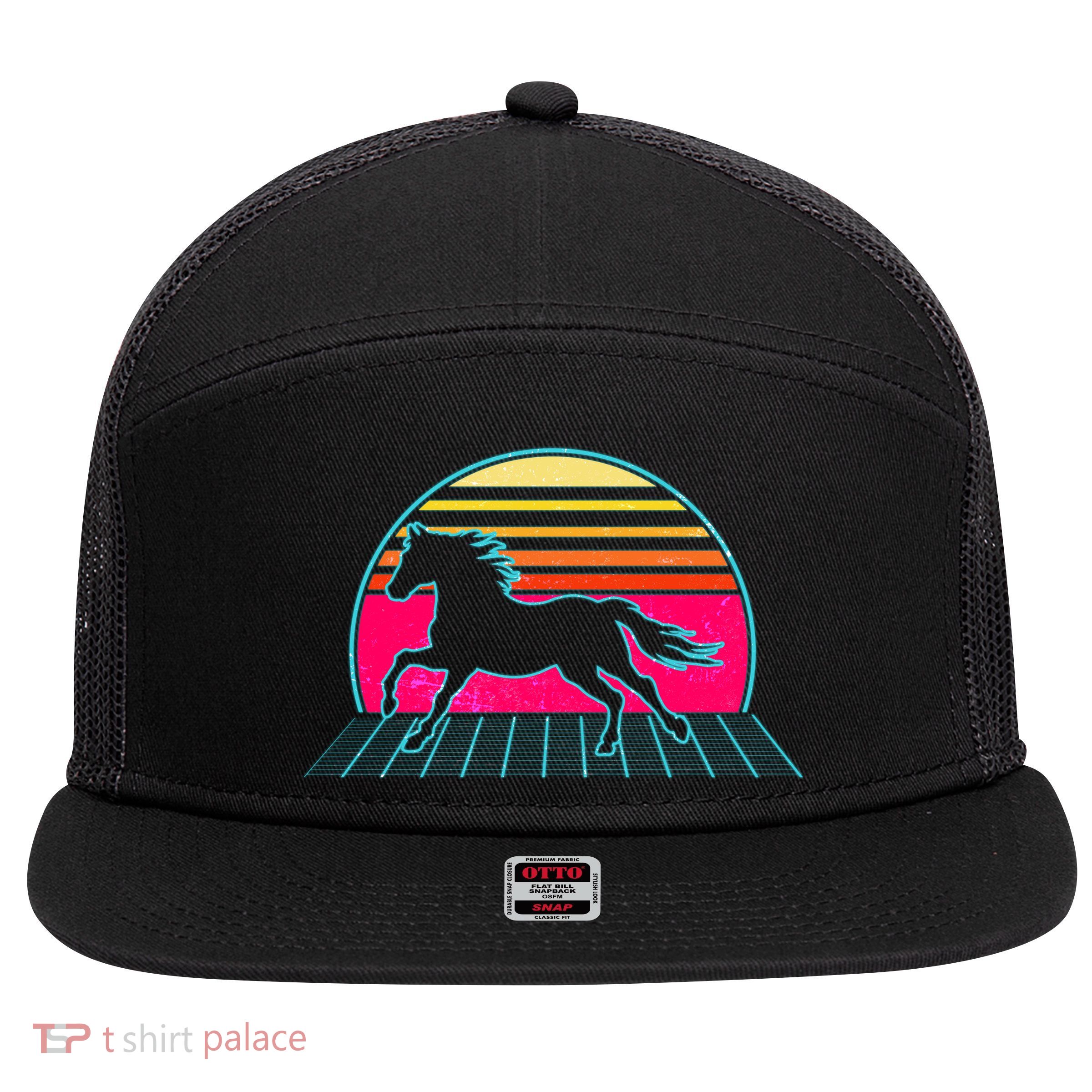 Retro Running Horse Silhouette 7 Panel Mesh Trucker Snapback Hat
