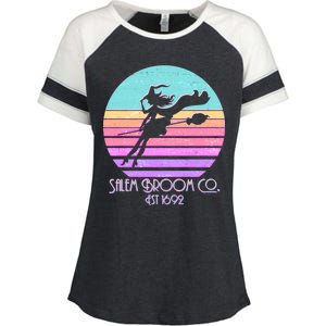 Retro Salem Broom Co. Est 1692 Halloween Enza Ladies Jersey Colorblock Tee