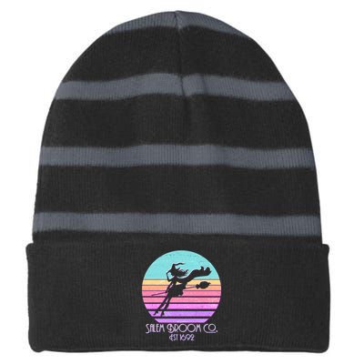 Retro Salem Broom Co. Est 1692 Halloween Striped Beanie with Solid Band