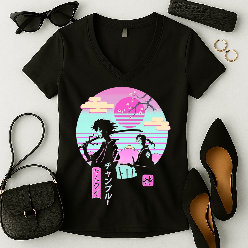 Retro Samurai Chillhop Anime Women's V-Neck T-Shirt